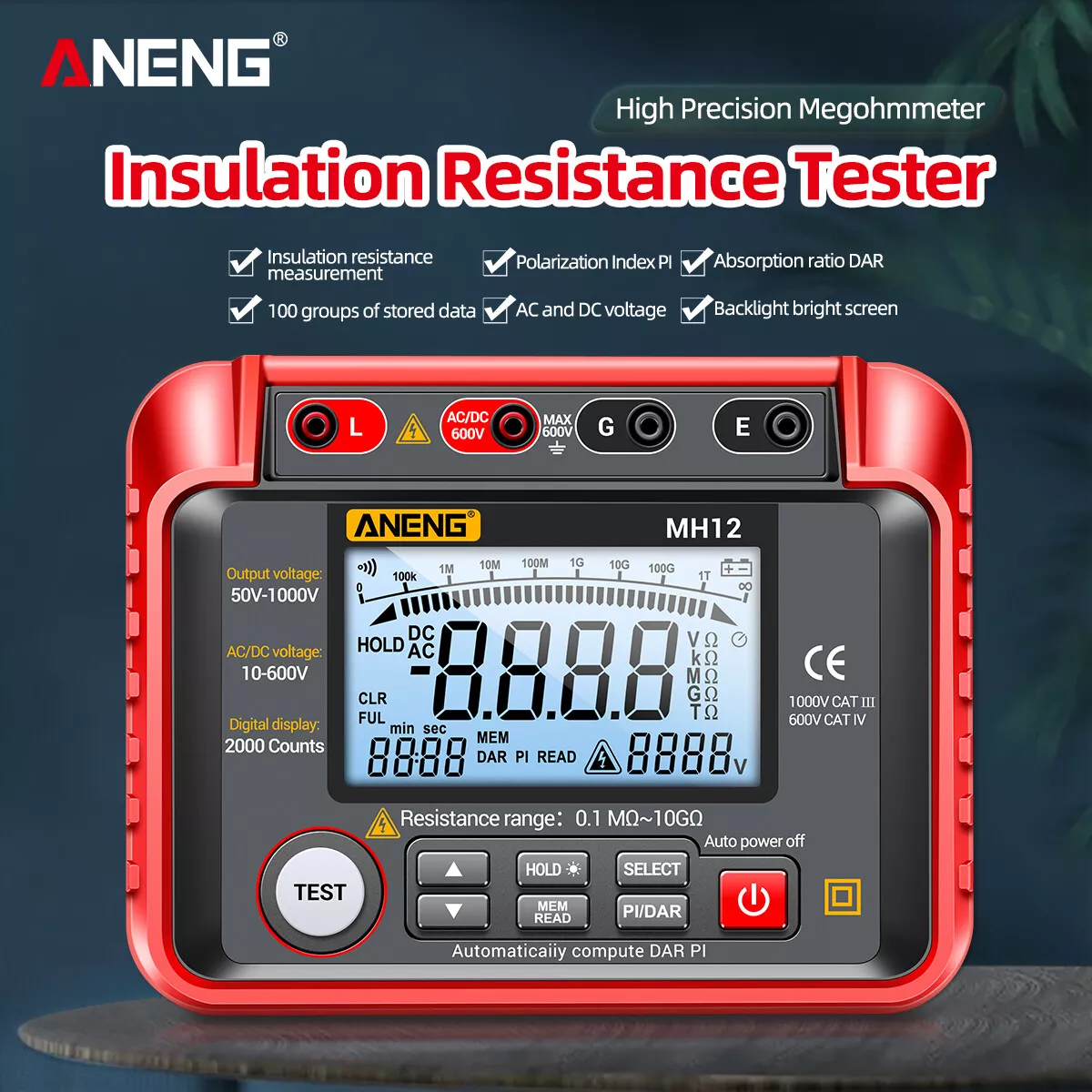 ANENG MH12 Insulation Resistance Tester – 1000V Megohmmeter with PI/DAR, AC/DC Voltmeter & Data Storage
