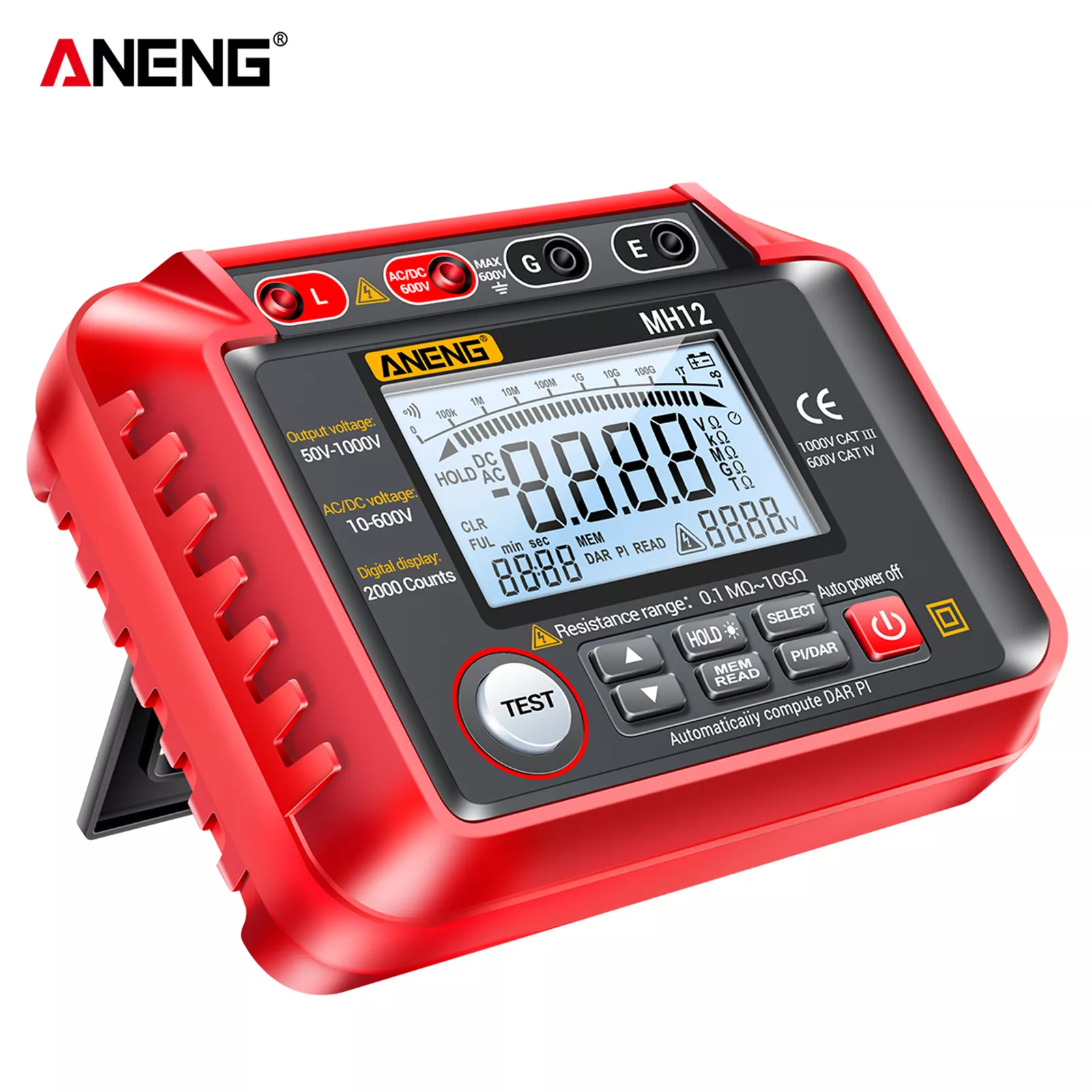 ANENG MH12 Insulation Resistance Tester – 1000V Megohmmeter with PI/DAR, AC/DC Voltmeter & Data Storage